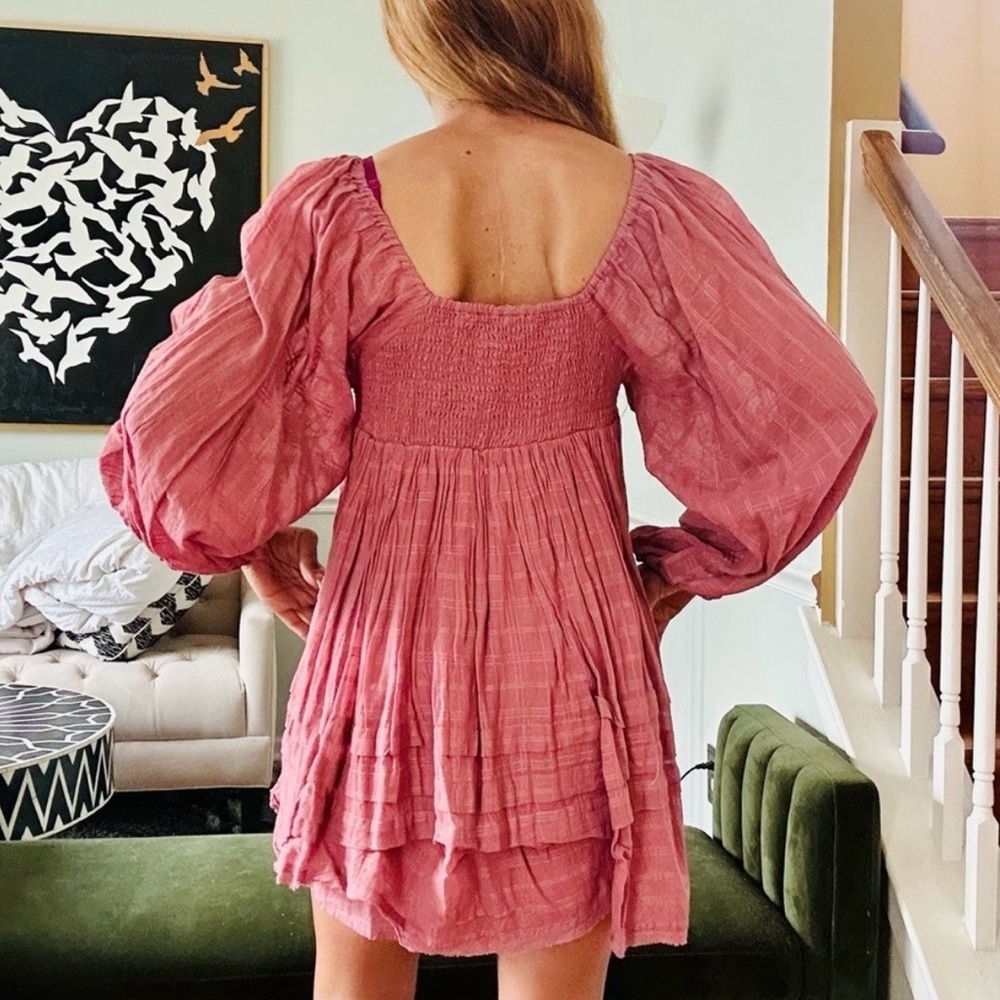 Free People Ari Mini Dress Smocked Babydoll XS Ballon Sleeve Dried Currant Flowy - Picture 2 of 11
